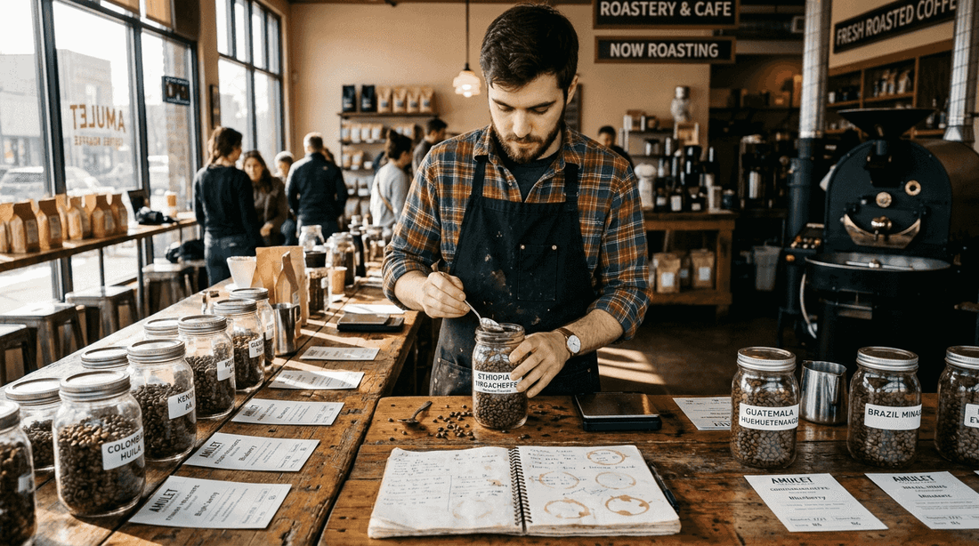 Barista inspecting coffee beans at tasting table