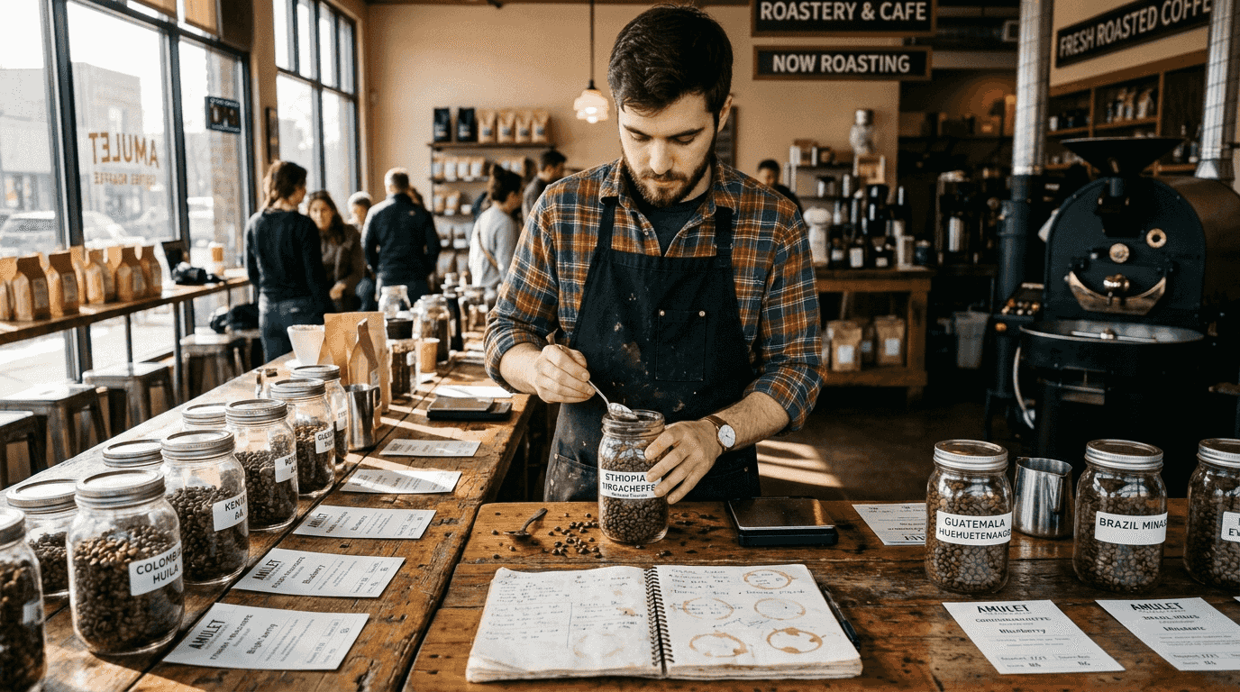Barista inspecting coffee beans at tasting table