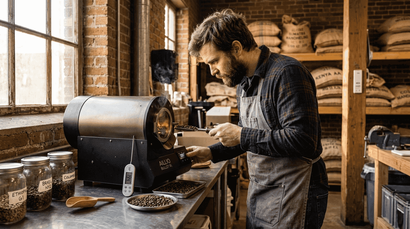Coffee roaster inspecting beans in small shop