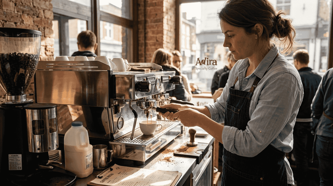 Barista making espresso in a cozy café