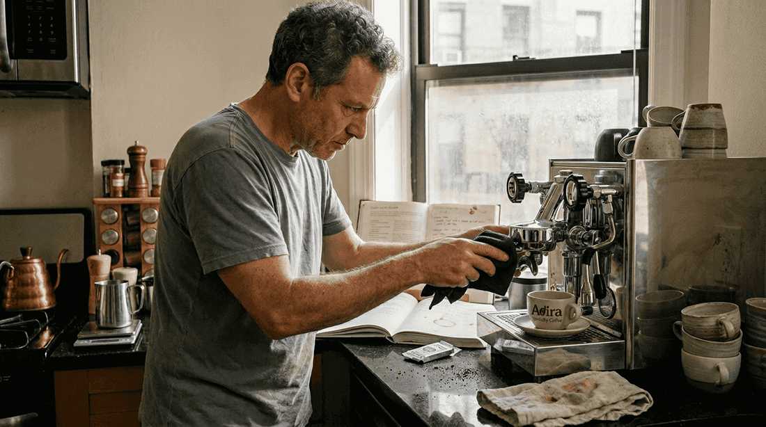 Man cleaning espresso machine at home kitchen