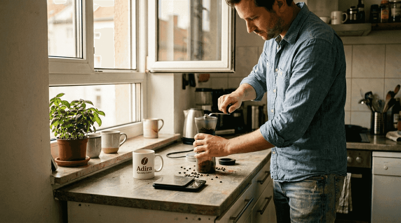 Man grinding coffee beans by hand in kitchen