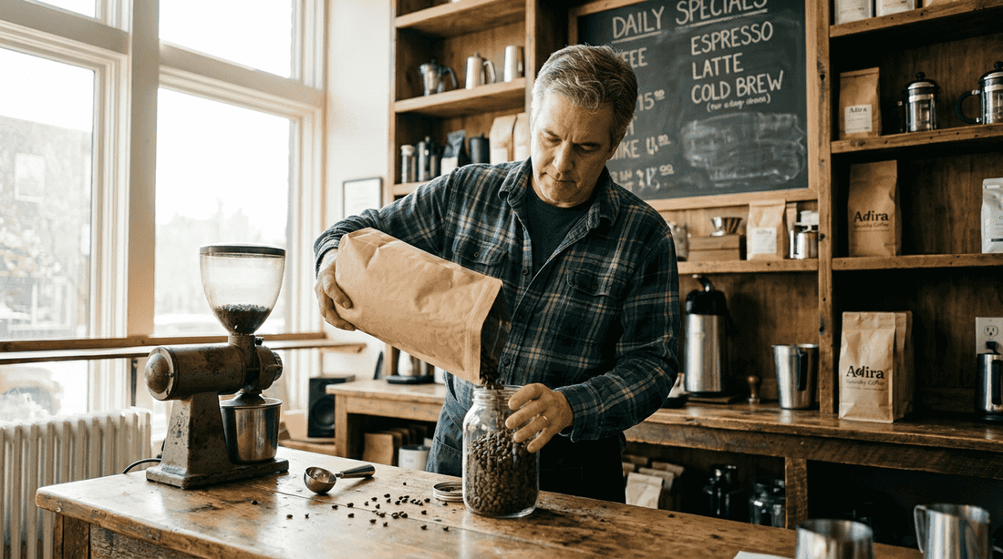 Barista pouring whole coffee beans in café