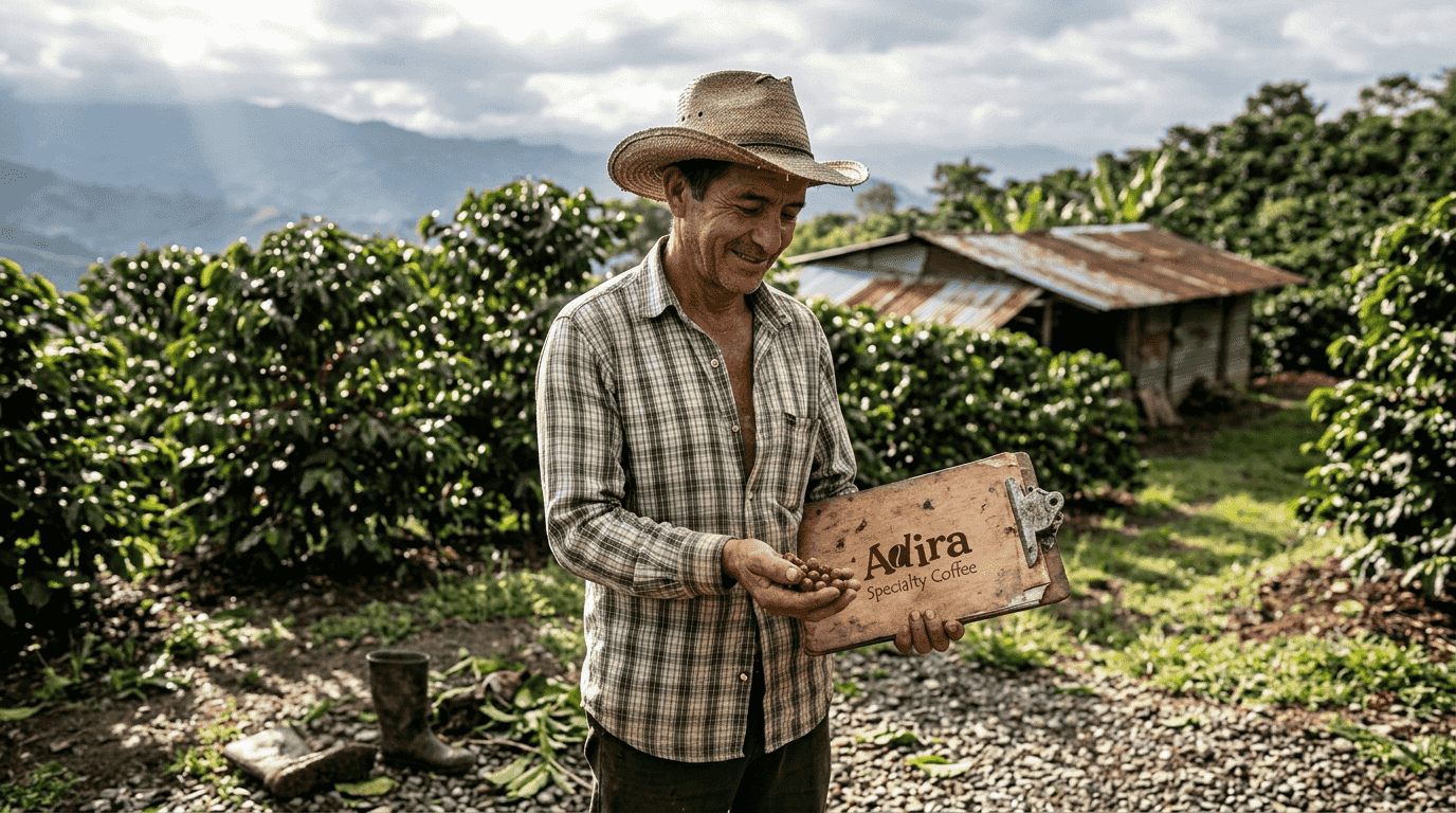 Coffee farmer on hillside tasting coffee cherries