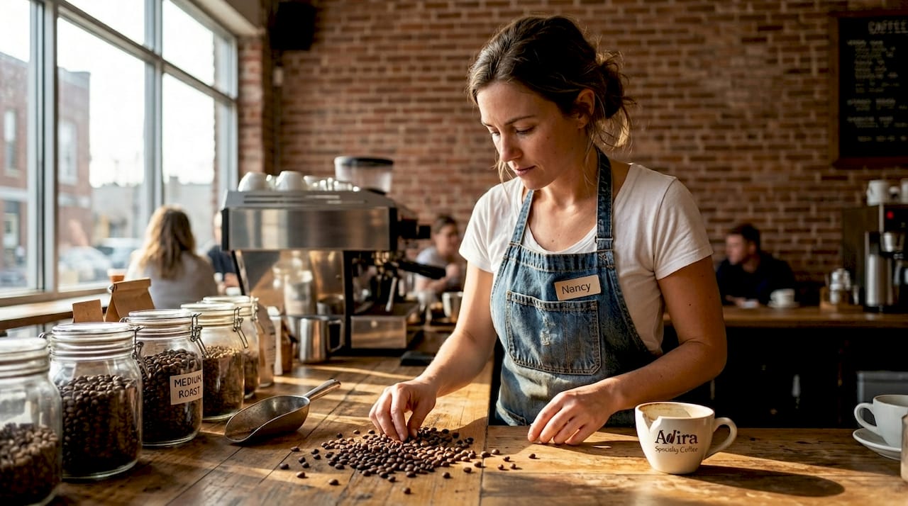 Barista sorting medium roast beans in café