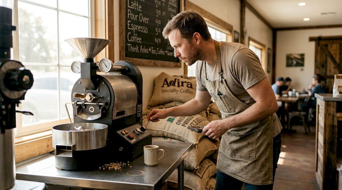 Barista roasting coffee in cozy local café