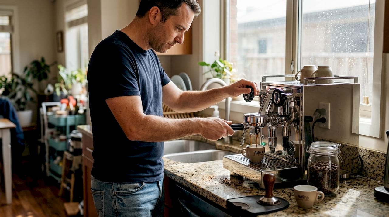 Man brewing espresso shot in home kitchen