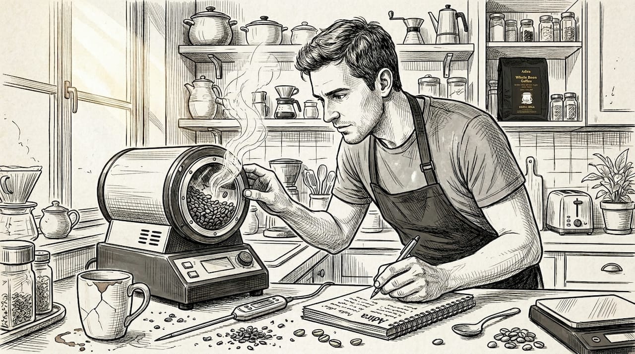Man roasting coffee beans in home kitchen