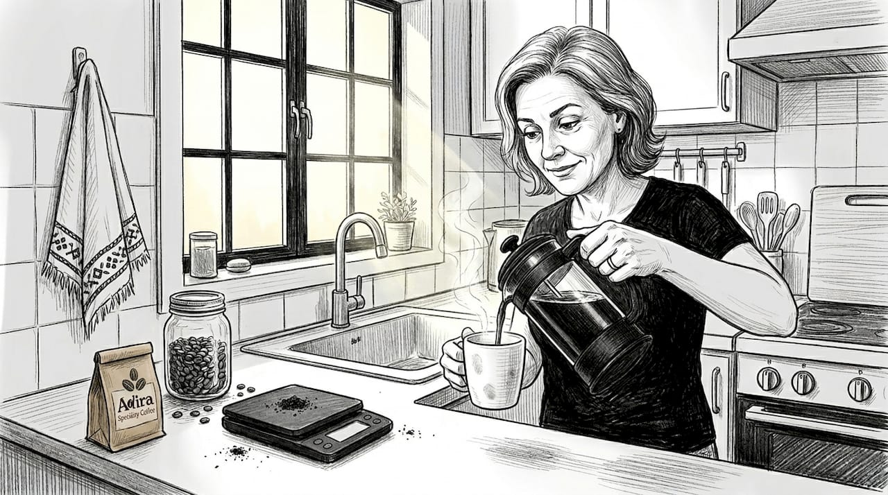 Pouring dark roast coffee in home kitchen