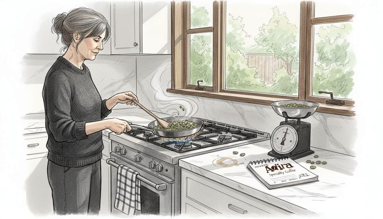 Woman roasting coffee beans at home