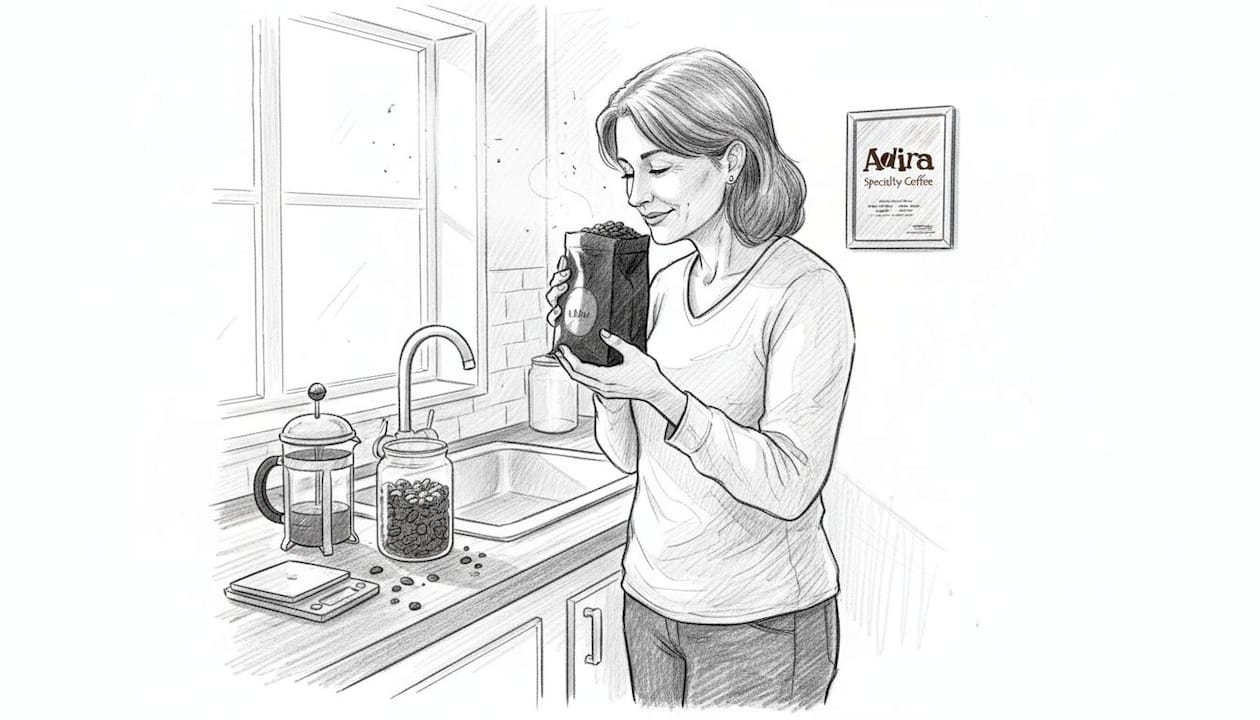 Woman smelling fresh coffee beans in kitchen