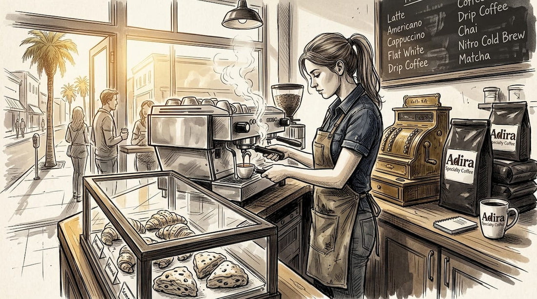 Barista preparing espresso in sunlit California café