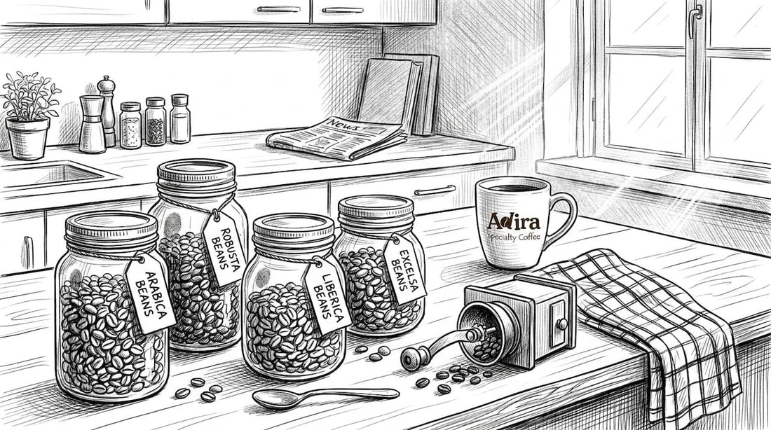 Four coffee bean types in labeled jars