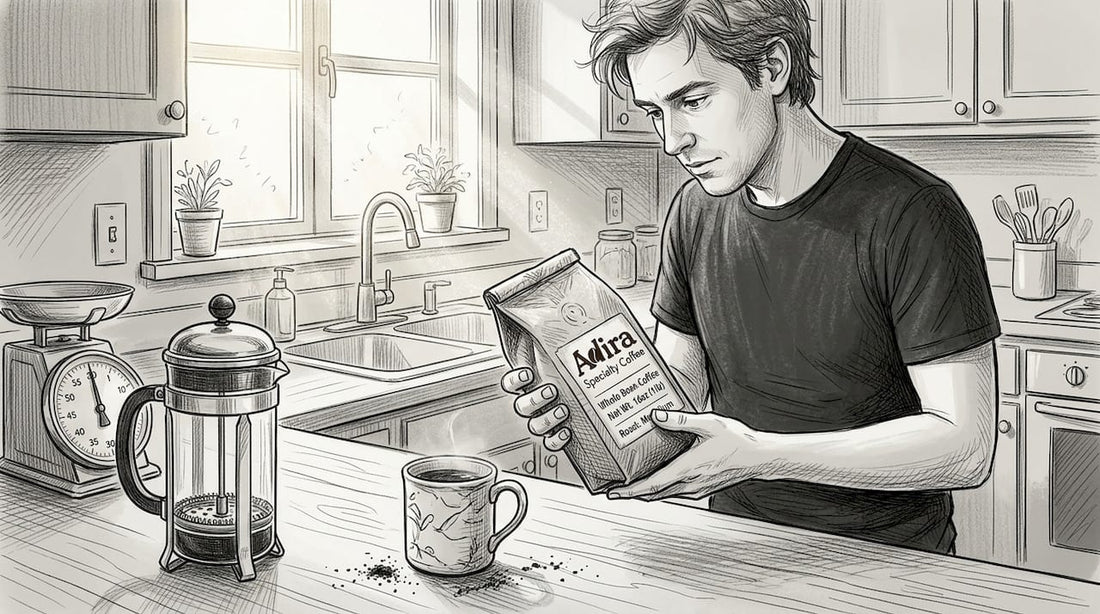 Person reading premium coffee label in kitchen