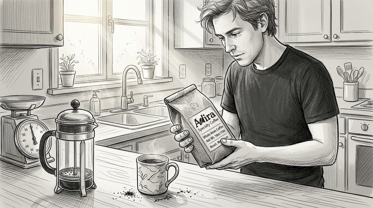 Person reading premium coffee label in kitchen
