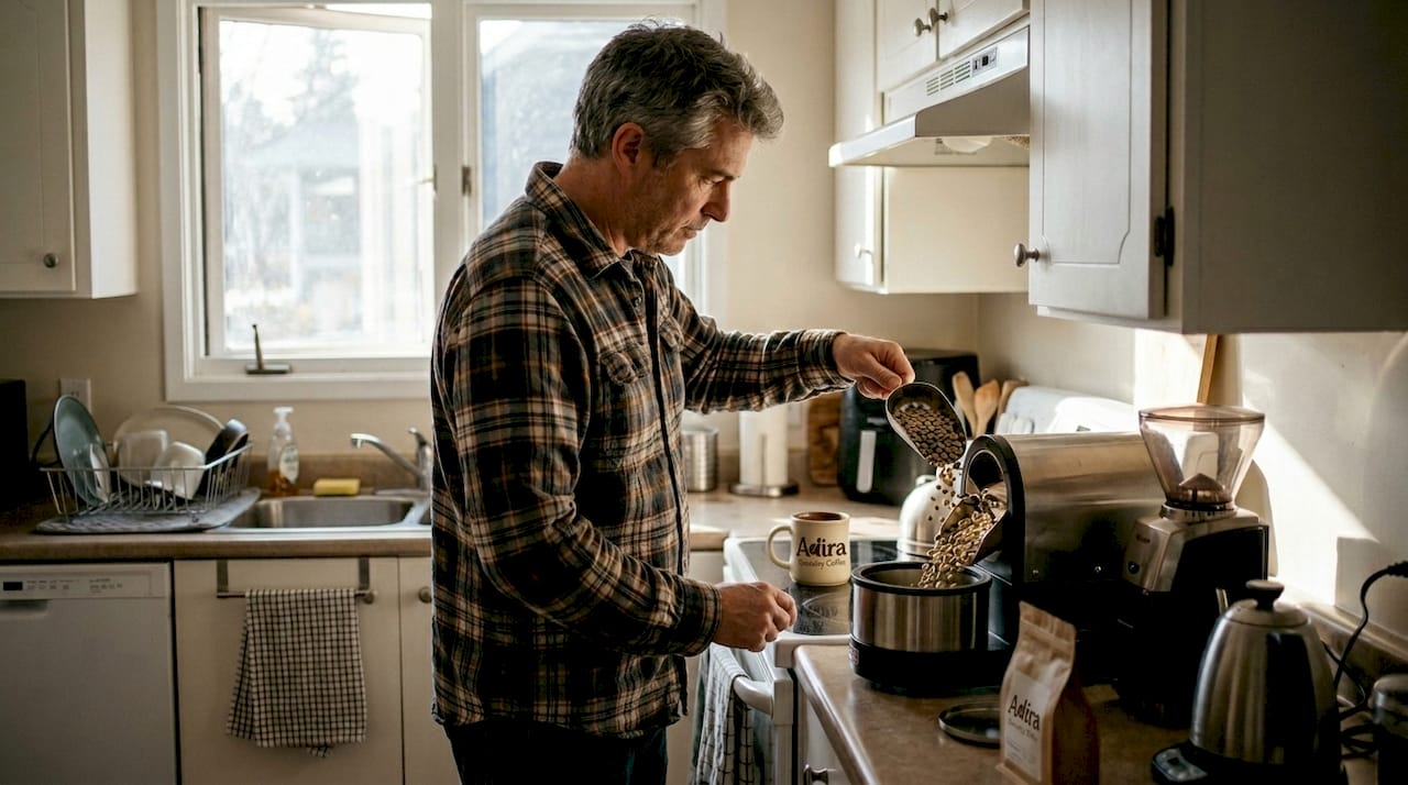 Home cook starting first coffee roast in kitchen