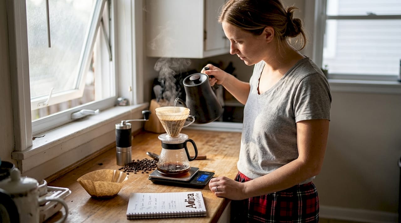 Home brewing pour-over coffee in kitchen