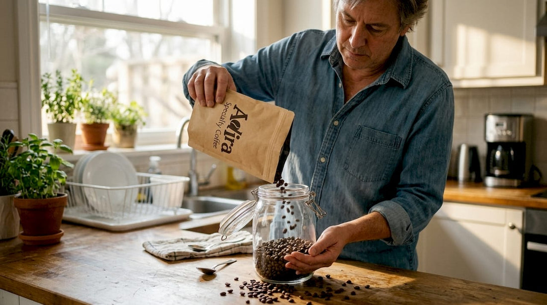 Person storing coffee beans in glass jar