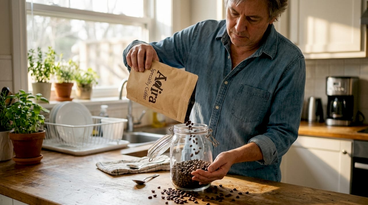 Person storing coffee beans in glass jar