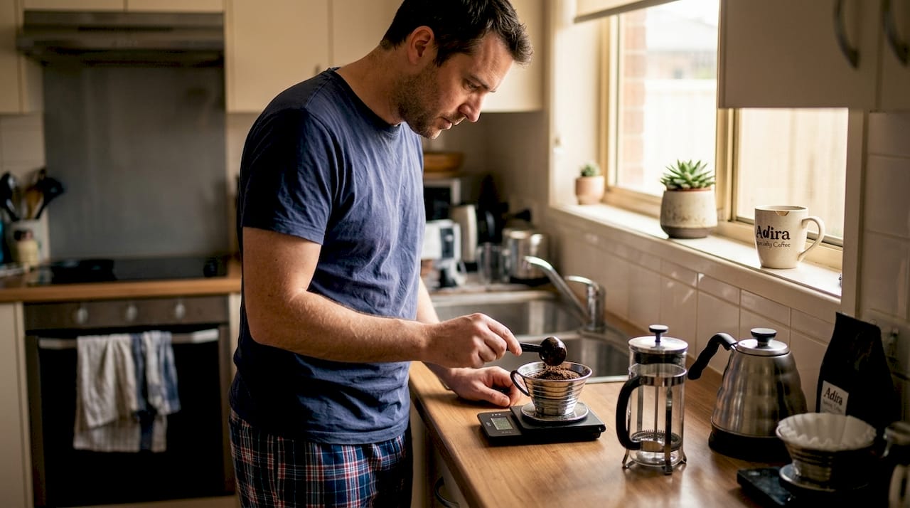 Home barista measuring coffee for brewing