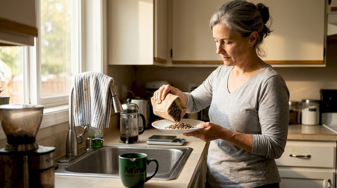 Home barista inspecting coffee beans on plate