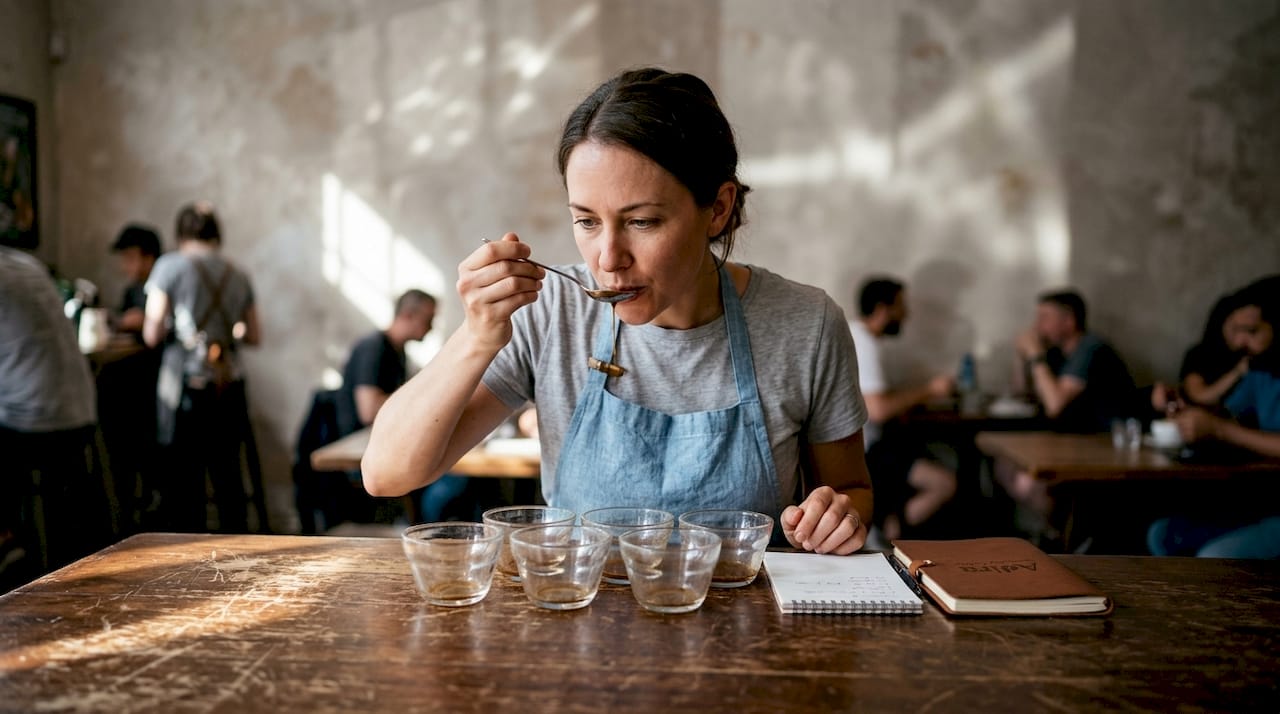 Barista tasting coffees in lively café