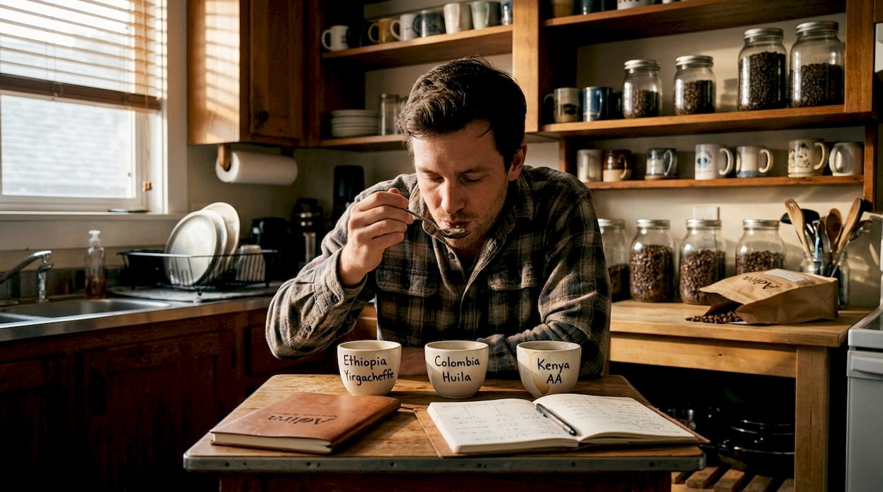 Man sampling coffee blends at kitchen table