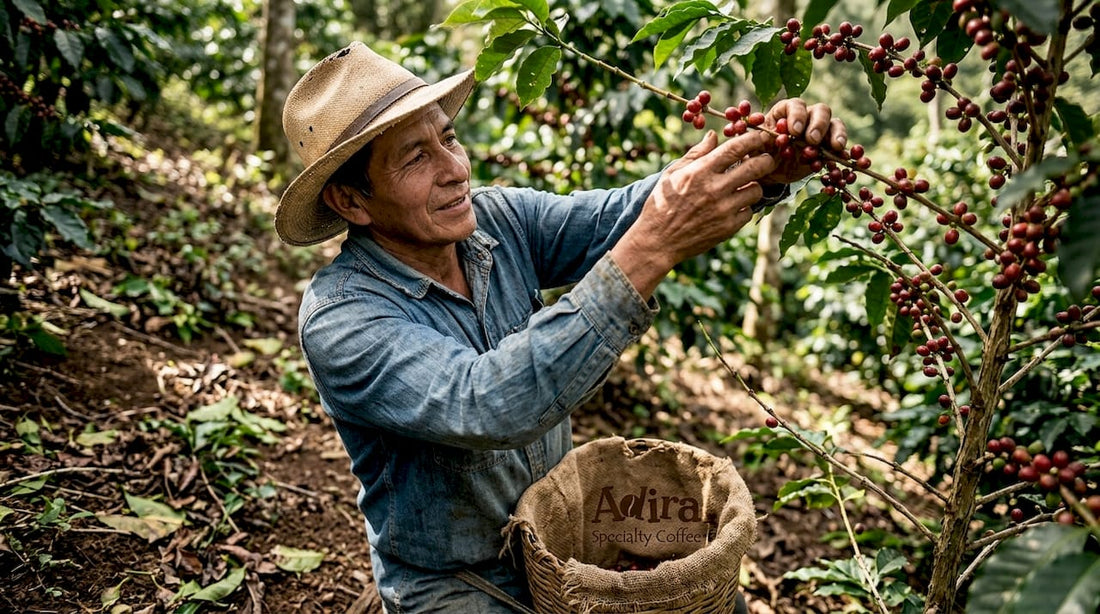 Picker hand-selects ripe coffee cherries plantation