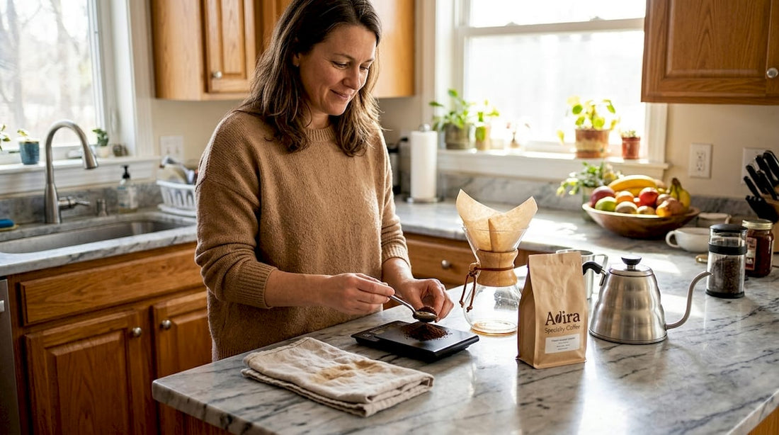 Pour-over coffee preparation in home kitchen