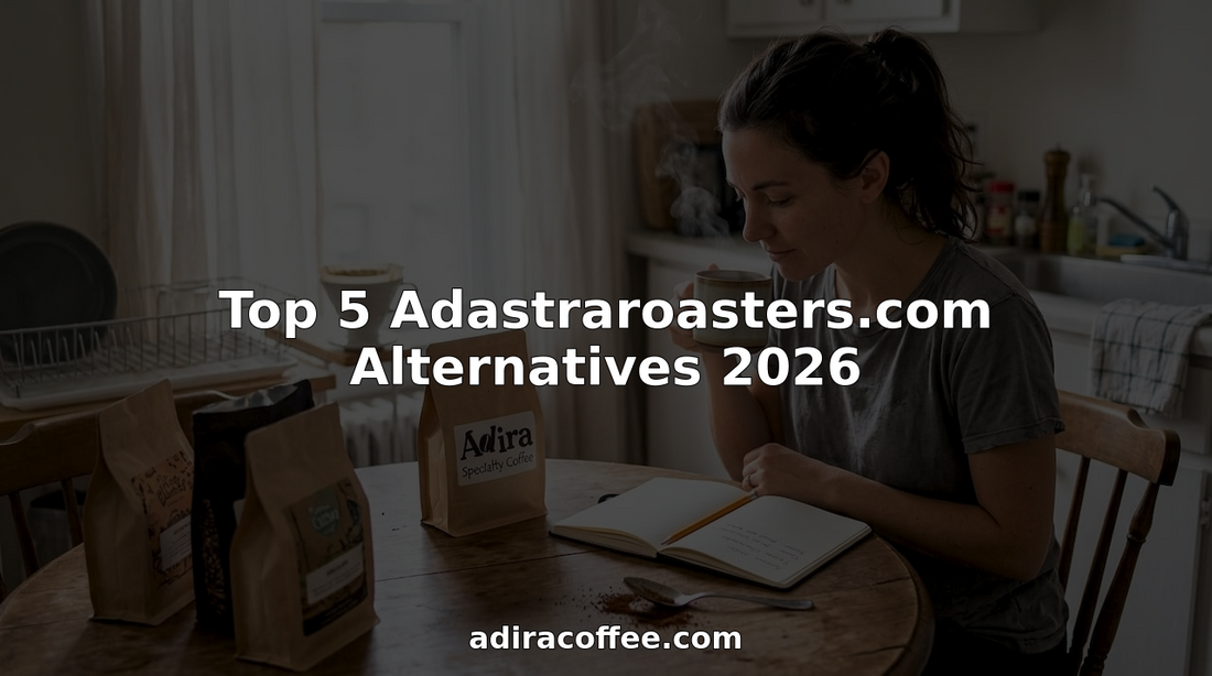Woman compares coffee options at kitchen table