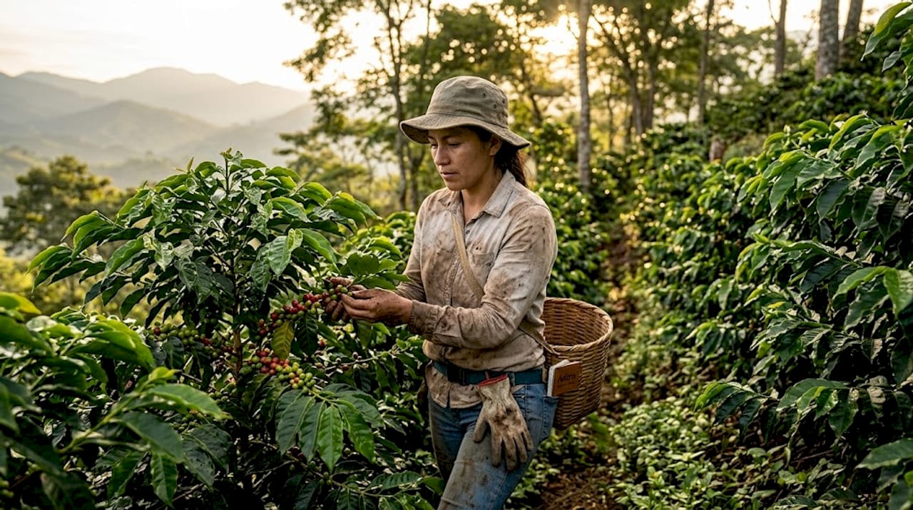 Coffee farmer inspecting cherries on hillside