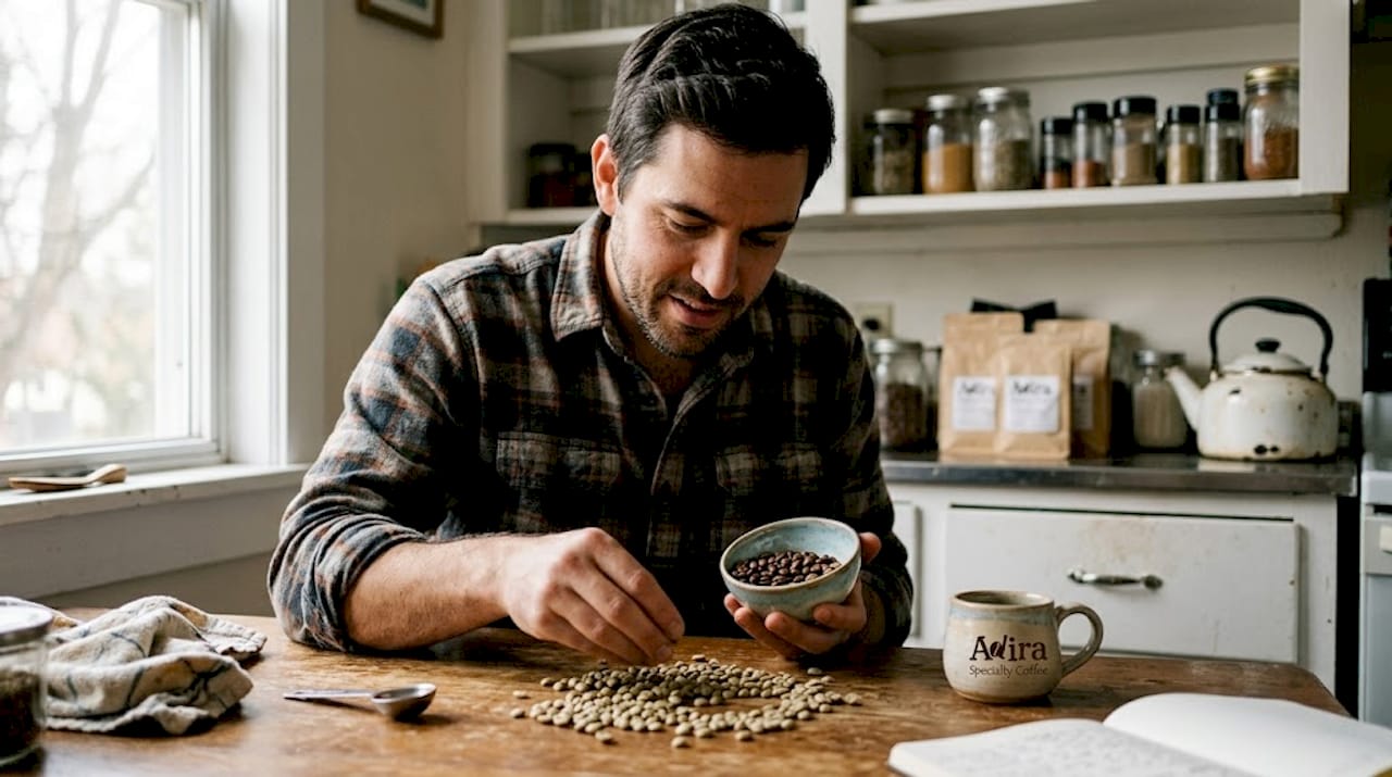Home enthusiast sorting green coffee beans