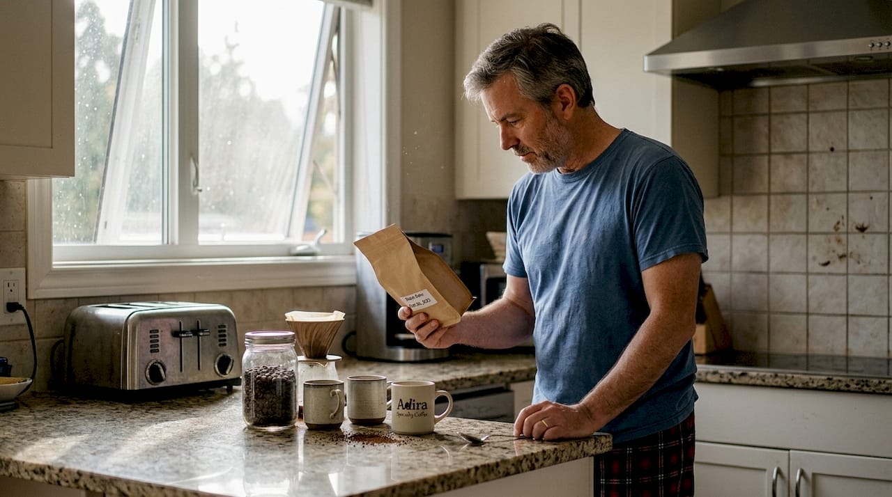 Man inspecting coffee bag for roast date