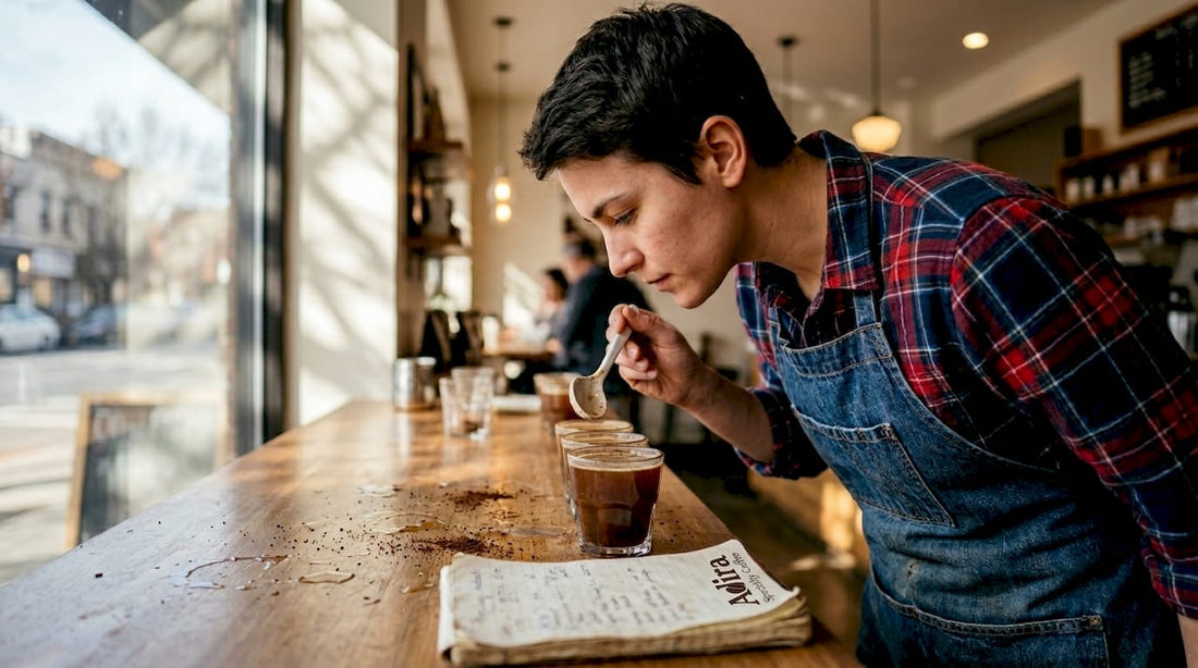 Barista evaluating coffee beans at cupping session
