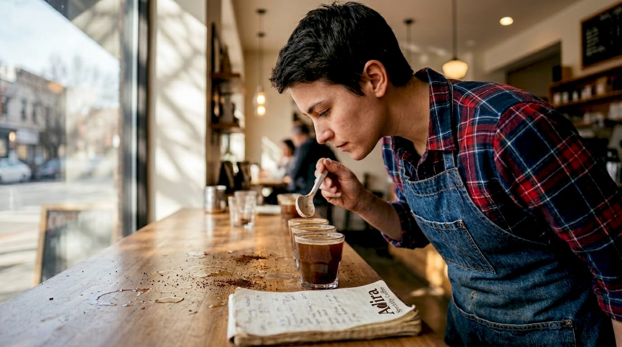 Barista evaluating coffee beans at cupping session