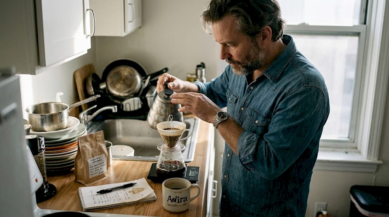 Man brewing pour-over coffee in kitchen