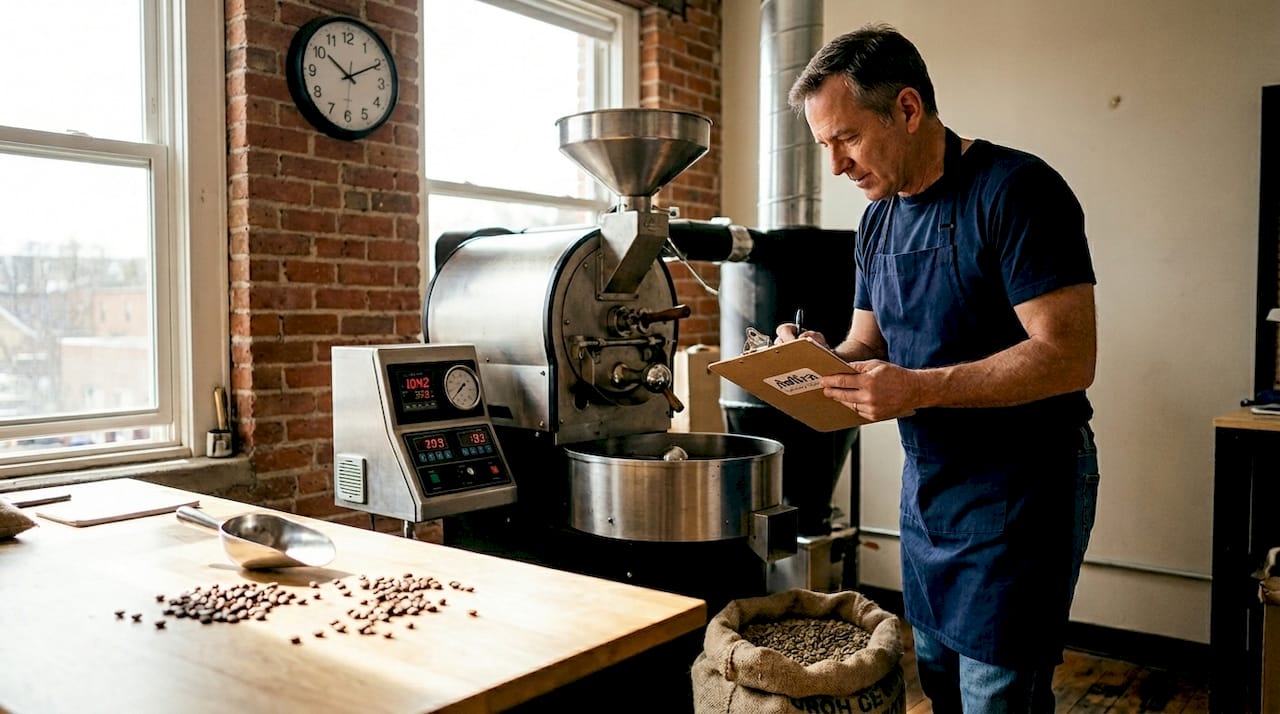 Coffee roaster tracking beans in small studio