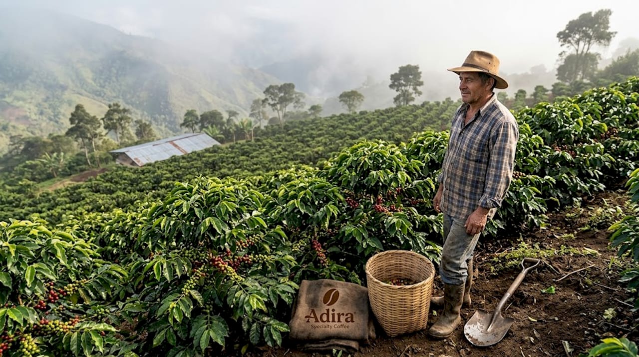 Colombian coffee farmer surveys mountain field