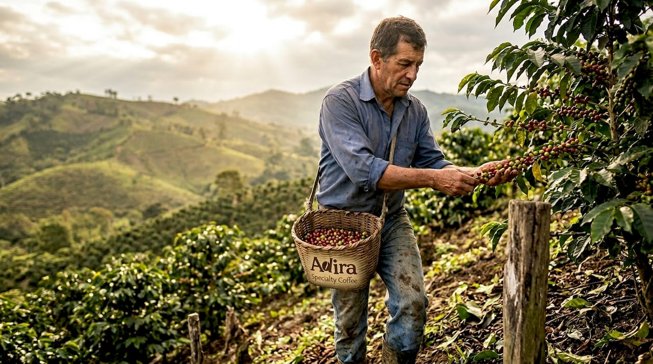 Farmer inspecting ripe coffee cherries on hillside