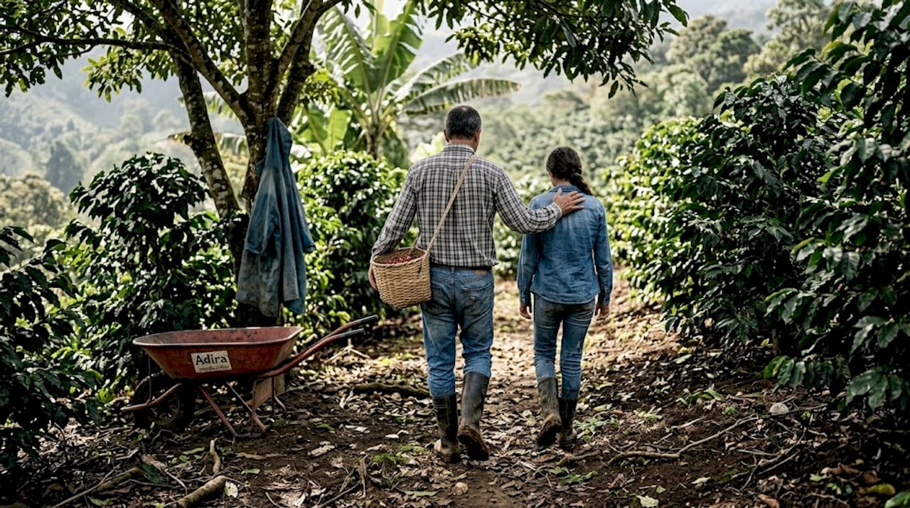 Family walking on small hillside coffee farm
