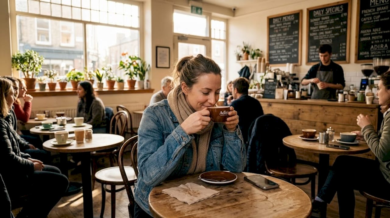 Woman evaluating coffee aroma in café