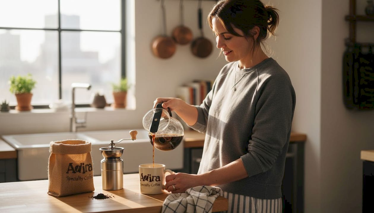 Making fresh coffee in sunlit home kitchen