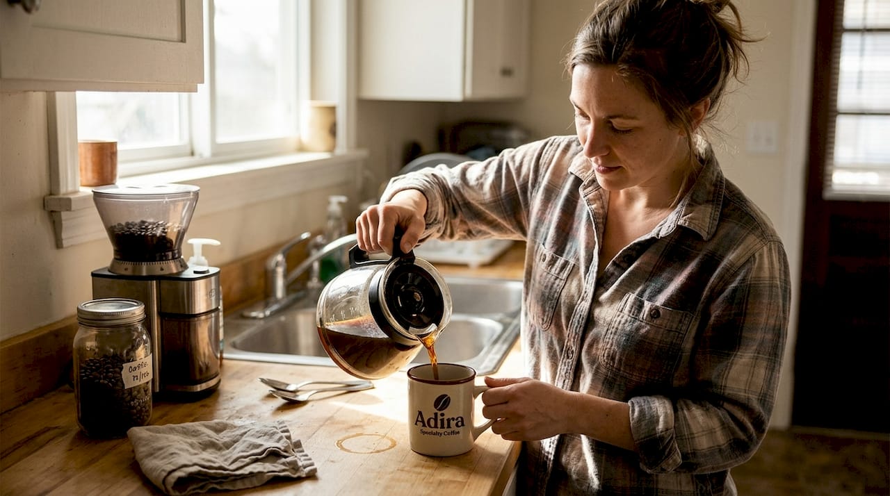 Woman pouring coffee in sunlit kitchen