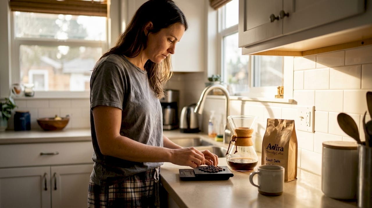 Woman preparing coffee beans in morning kitchen