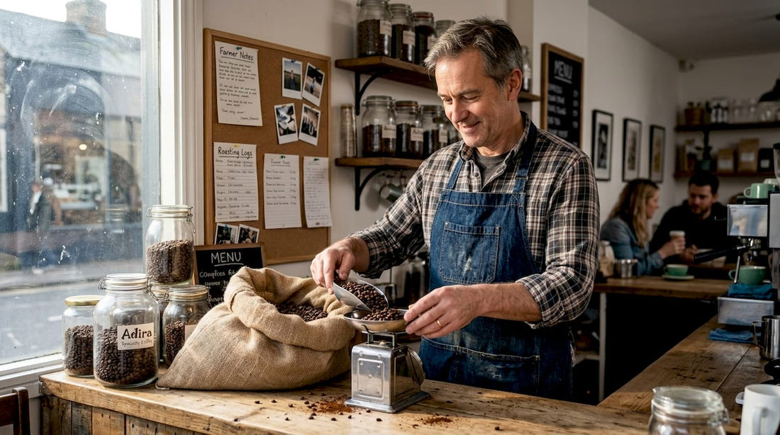 Coffee shop owner weighing fresh roasted beans