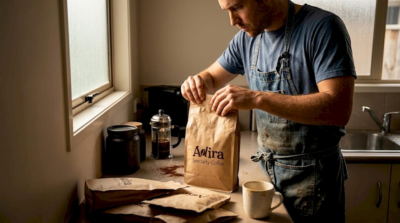 Home barista resealing coffee bean bag