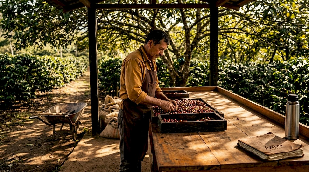 Coffee farmer sorting cherries on rural farm