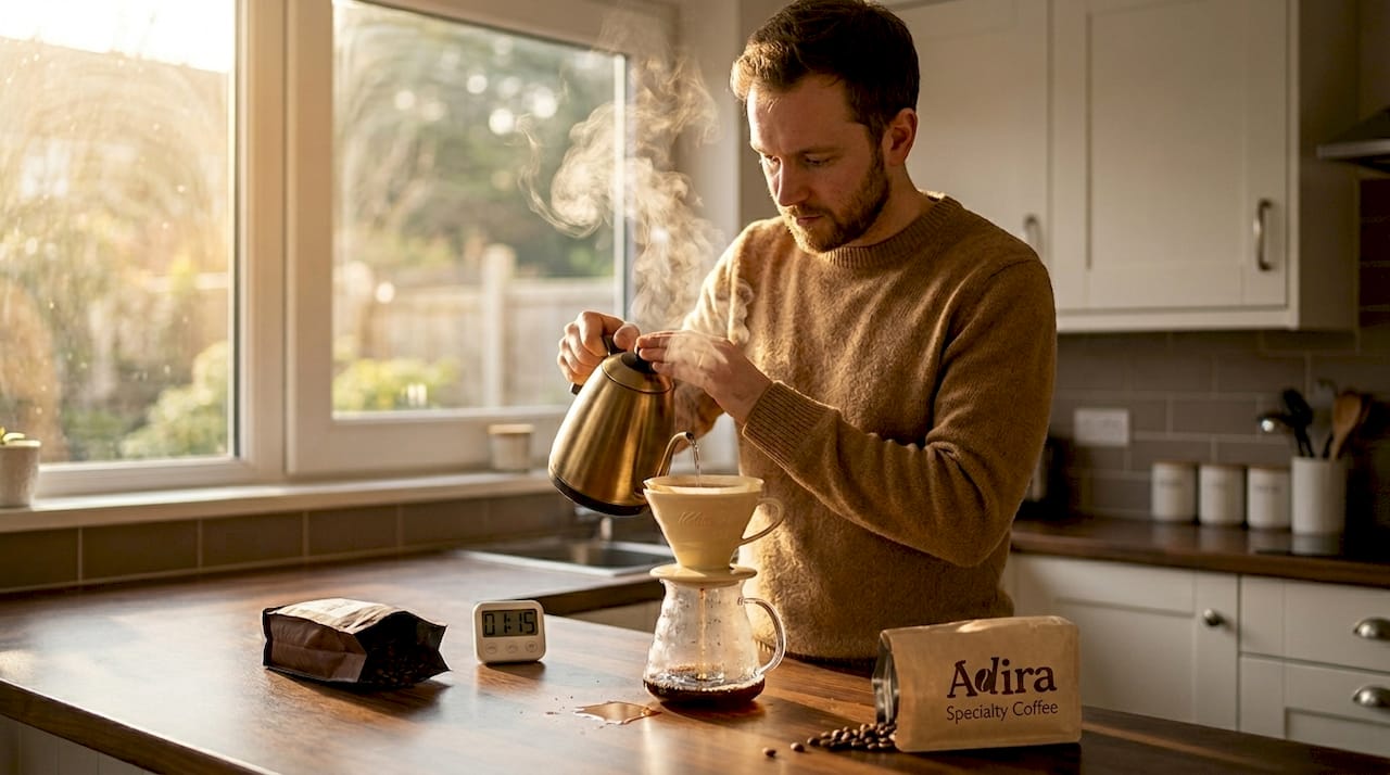 Man blooming coffee with pour-over kettle