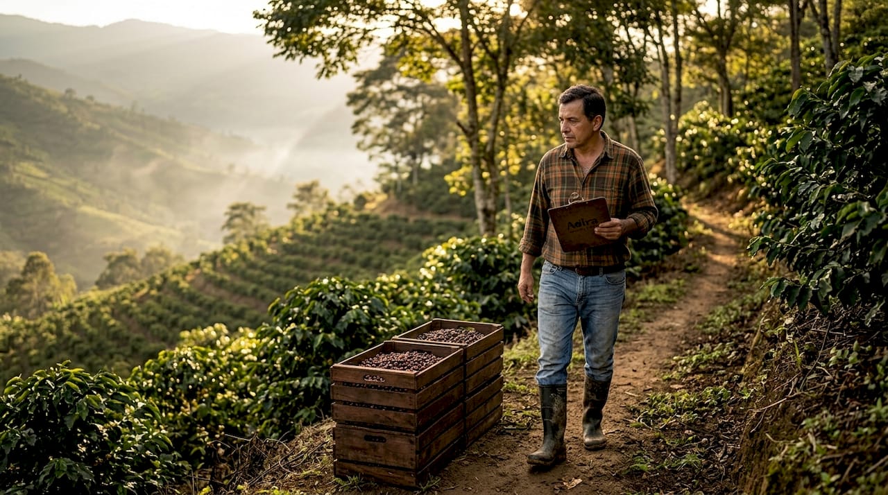 Coffee worker on terraced hillside farm