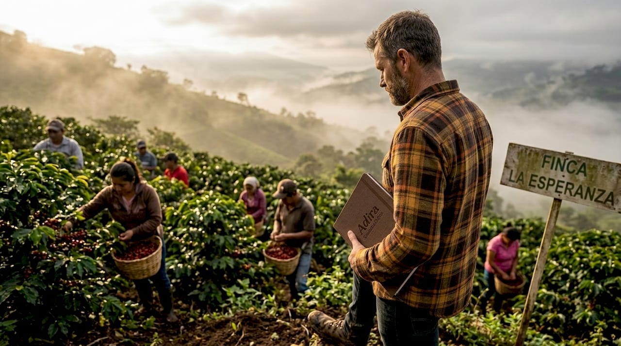Coffee buyer observing farm workers at origin